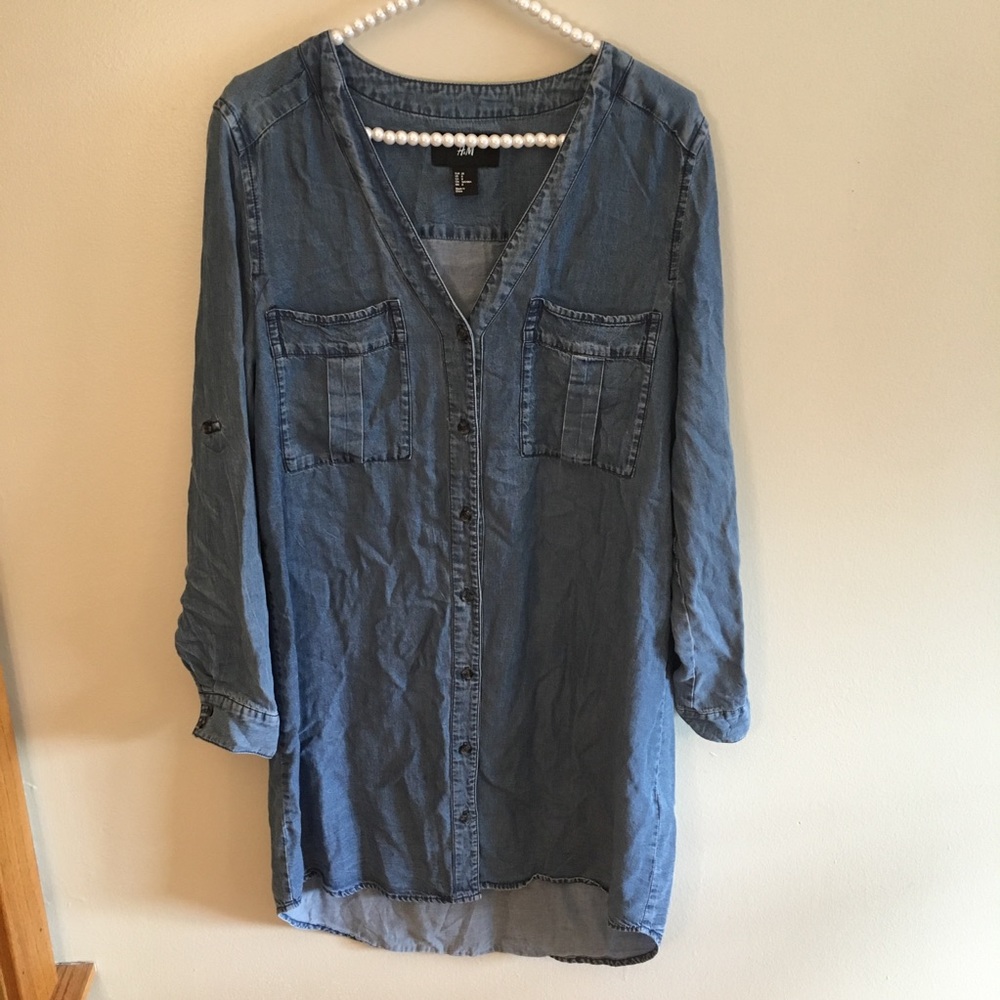 H&M blue long sleeve denim shirt dress size 8